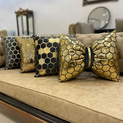 ست کوسن4عددی طرح شانا مخمل نوک مدادی چرم طلایی