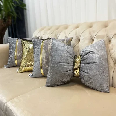 ست کوسن 4 عددی طرح ترکیبی مخمل و پتینه طوسی
