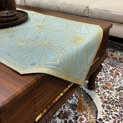 رانر طرح قاصدک مخمل سبزآبی چرم طلایی اکلیلی