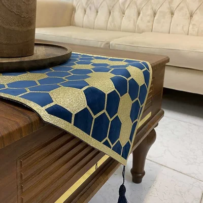 رانر طرح شانا مخمل سورمه ای چرم طلایی اکلیلی