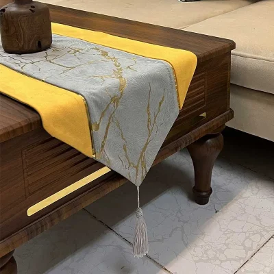 رانر طرح ترکیبی ماربل طوسی روشن و مخمل خردلی