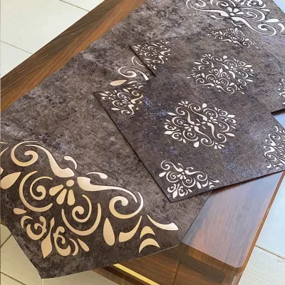 ست سه عددی طرح داماس مخمل طوسی تیره ابروبادی شاین