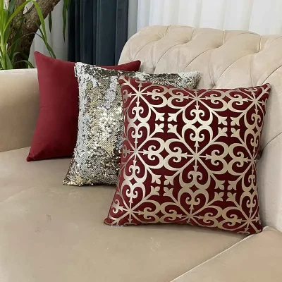 ست کوسن 3 عددی طرح اسلیمی مخمل زرشکی چرم بژ