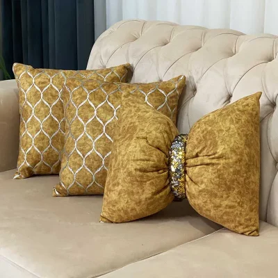 ست کوسن 3 عددی طرح موج مخمل خردلی