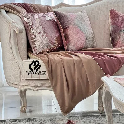 شال مبل طرح مروارید مخمل نسکافه و عنابی