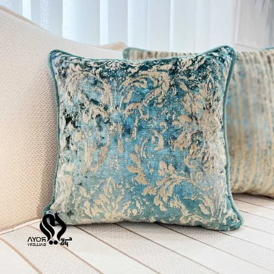 کوسن مربعی طرح پتینه ایران خانم مخمل کرم سبزآبی